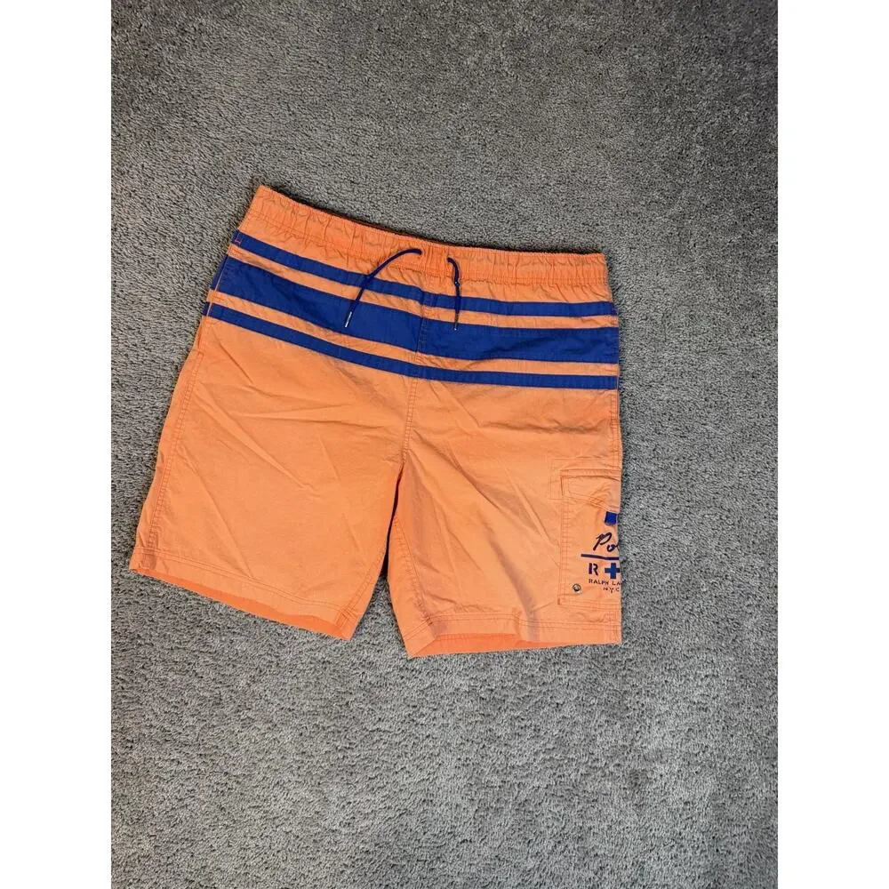 Vintage 90s Polo Ralph Lauren Swim Trunks Mens L Orange Striped Lined Pockets
